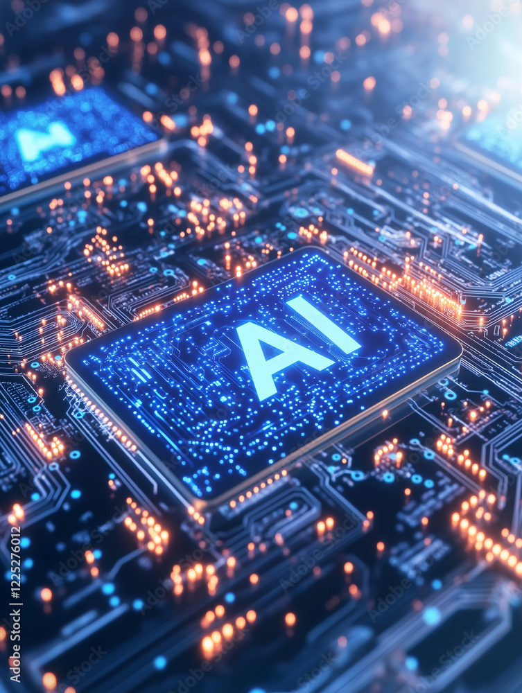 Poster ai chip: a futuristic, glowing circuit board displays the word 