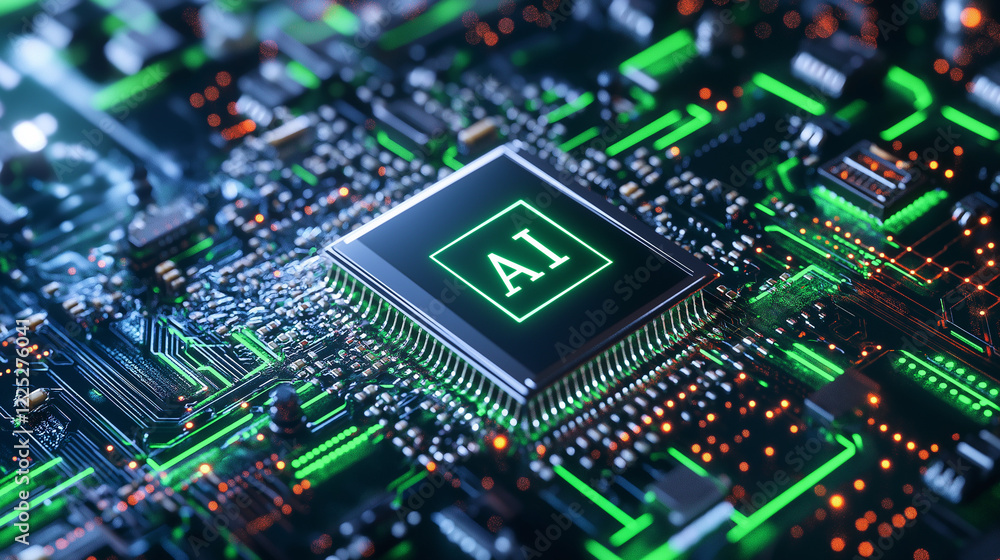 Poster ai chip: a stylized close-up of a computer chip with the glowing inscription 