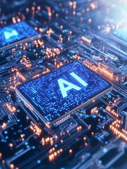 Fototapeta premium AI Chip: A futuristic, glowing circuit board displays the word 