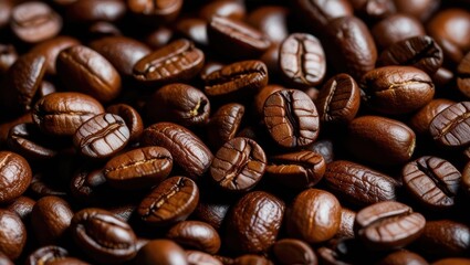 Close-up of coffee beans with a textured background. Ample space for a logo and text, ideal for use as a background or artwork.