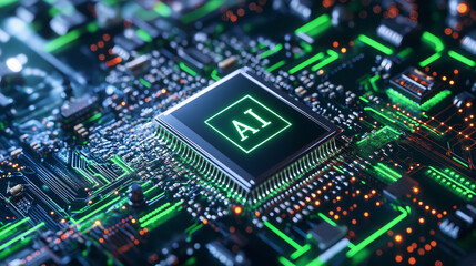 Obraz premium AI Chip: A stylized close-up of a computer chip with the glowing inscription 