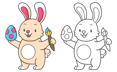 Rabbit with Easter egg coloring book with coloring example for kids. Coloring page with cute bunny. Black and white and color version. children's illustration.