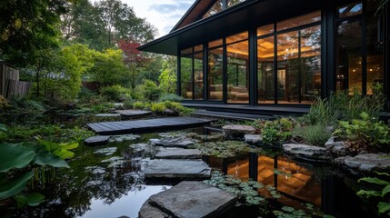 Obraz premium A beautifully landscaped backyard with a small pond and stepping stones.