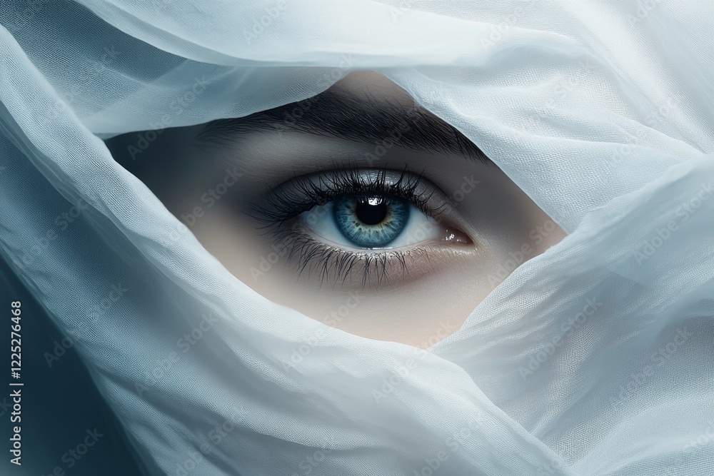 Poster a minimalist depiction of a single eye peering out from behind a curtain, with sharp, clean lines an