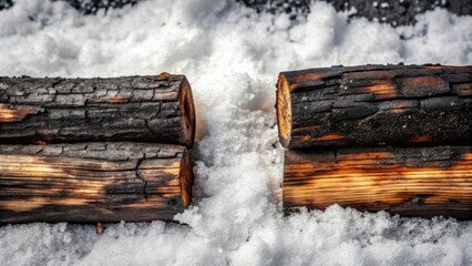 Fototapeta premium Charred Logs Resting on a Snowy Surface in Winter