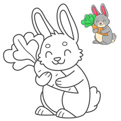 Rabbit with carrot coloring book with coloring example for kids. Coloring page with cute bunny. Black and white and color version. children's illustration.