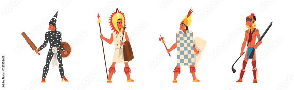 Poster man native and aboriginal warrior with weapon vector set