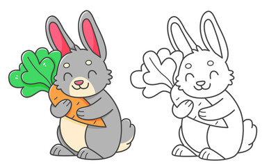 Rabbit with carrot coloring book with coloring example for kids. Coloring page with cute bunny. Black and white and color version. children's illustration.