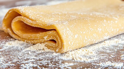 Obraz premium Freshly Rolled Dough with Flour on Wooden Surface for Baking and Cooking Projects