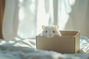 Fototapeta premium A curious white hamster peeking out from a small cardboard box on a soft bed with sunlight filtering through curtains