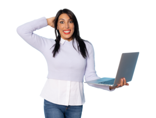 Image of cheerful young woman standing isolated over transparent background using laptop computer. Looking camera. PNG transparent.