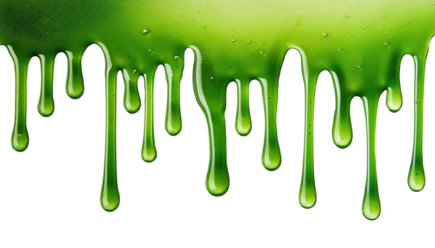 Dripping green slime, white isolated background.