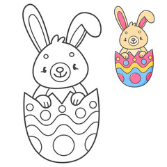 Rabbit in the Easter egg coloring book with coloring example for kids. Coloring page with cute bunny. Black and white and color version. children's illustration.