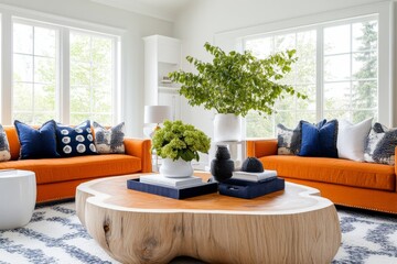 A modern living room decorated with a complementary color palette, featuring an orange sofa and blue accent pillows