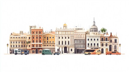 Obraz premium Urban Cityscape with Diverse Architecture and Vehicles - Wide Angle Center View