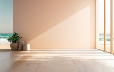 Tranquil coastal interior with beach view and soft sunlight during afternoon