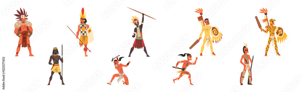 Poster man native and aboriginal warrior with weapon vector set