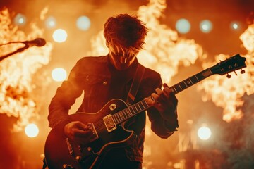 Obraz premium A musician performing on stage with an electric guitar, lights and smoke enhancing their dynamic presence