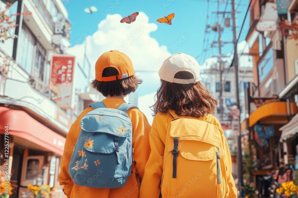 Poster a pixel art scene of two characters wearing outfits in complementary colors, such as one in orange a
