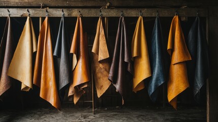 Various colored towels hanging on a wall in a bathroom setting leather and tannery