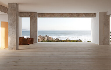 Fototapeta premium Modern interior with ocean view and natural light in contemporary architecture design