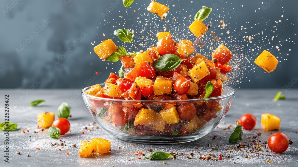 Poster fresh tomato and squash salad with basil and spice on a grey background