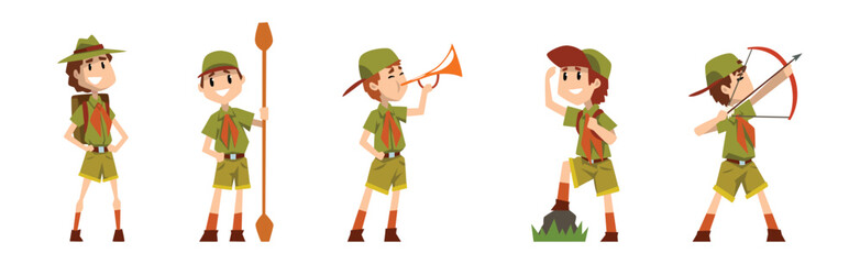 Funny Boy Scout in Khaki Uniform Explore Nature Vector Set