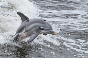 Fototapeta premium Playful dolphin leaping from ocean waves, showcasing agility and grace near the shoreline