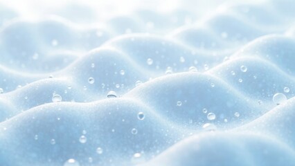 Obraz premium The image is of a snowy beach with a blue sky in the background. The snow is covered in tiny water droplets, giving it a sparkling appearance. Concept of tranquility and serenity