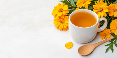 A Vibrant Photograph of Marigold Tea in a Ceramic Mug - Ideal for Tea Lovers and Kitchen Decor