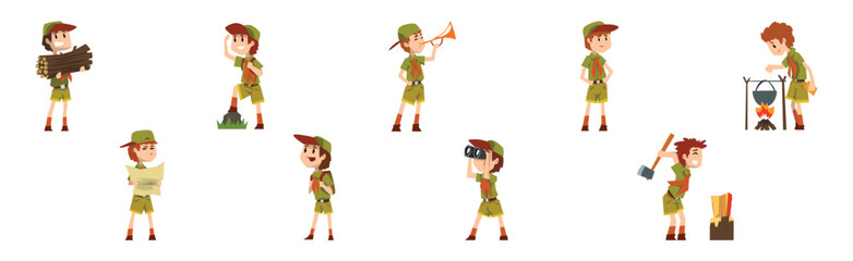 Funny Boy Scout in Khaki Uniform Explore Nature Vector Set