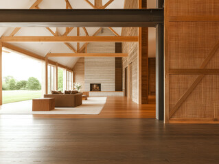 Obraz premium Modern interior of a spacious living area with wooden accents and natural light