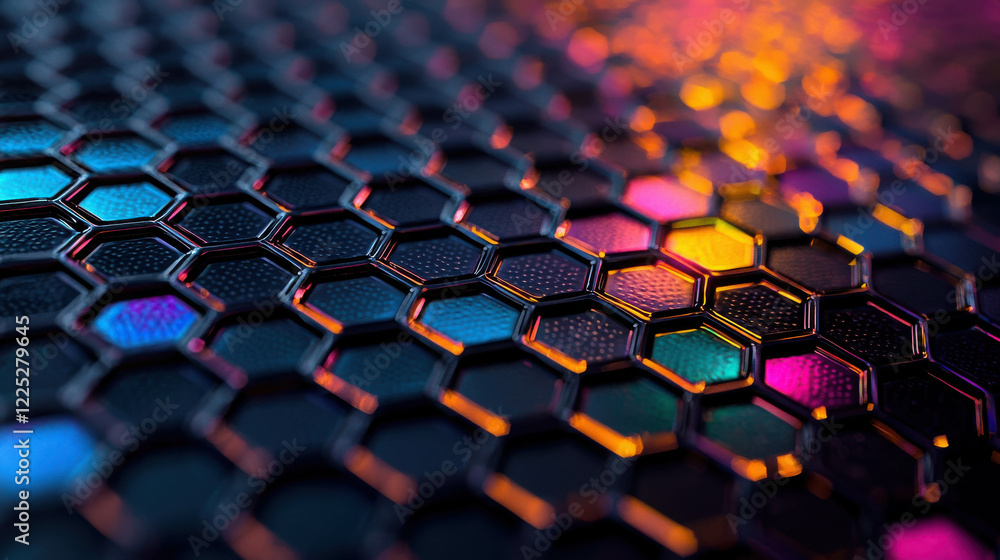 Poster close up of dark hexagonal grid with glowing rainbow light reflections and texture details