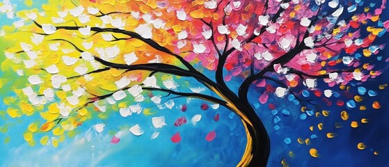 Colorful tree artwork with vibrant blossoms and abstract background, representing natures beauty and artistic expression in modern decor. Perfect for wall art.