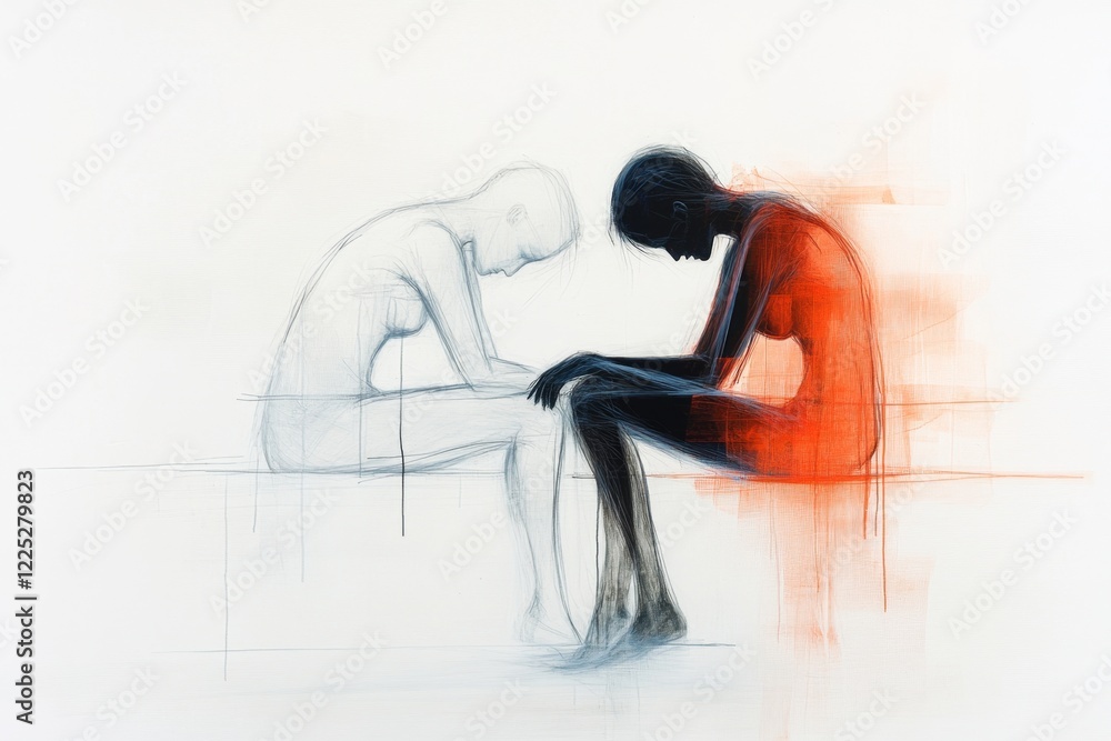 Poster a simplistic design of two figures, one sitting with a concerned posture while the other offers comf