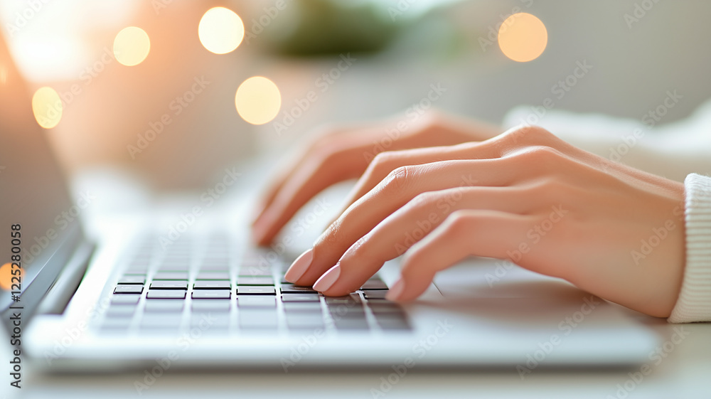 Aufkleber typing rapidly on laptop keyboard with soft bokeh lights in background creates warm and focused atmo