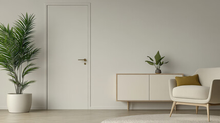 Modern interior design featuring a minimalist living space with plants and furniture