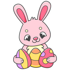 Cute pink Easter bunny with Easter eggs in cartoon style. isolated on white illustration.