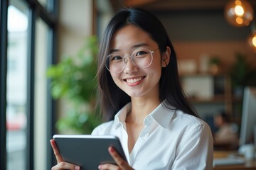 Obraz premium Smiling Young Woman with Glasses Using a Tablet in a Modern Cafe Setting Surrounded by Lush Plants and Warm Lighting