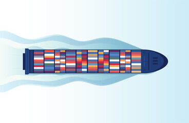 Top view of industrial marine vessel on white and blue background. Maritime transportation. Logistics of sea transportation. Maritime transportation. Merchant fleet. Cargo vessel. vector illustration.
