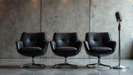 Three black leather chairs are sitting in front of a microphone. The chairs are empty and the microphone is turned on. The chairs and microphone create a sense of formality and professionalism