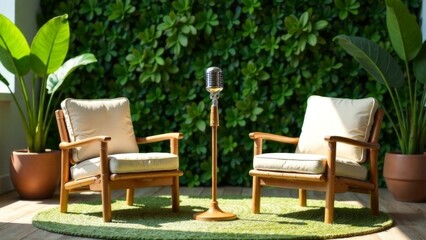 Obraz premium Two wooden chairs are placed on a green rug in front of a wall covered in plants. A microphone is placed on a stand in front of one of the chairs. The scene gives off a relaxed and cozy atmosphere