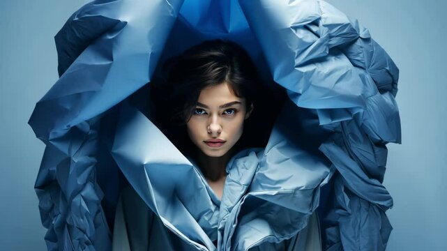 Modern young woman demonstrates how blue voluminous fabric turns into an unusual blue dress with avant-garde draping of fabric behind the back resembling wings or a heart. Beauty industry.