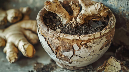 Cracked Ceramic Pot with Ginger Roots Emerging from Soil and Surrounding Background Elements
