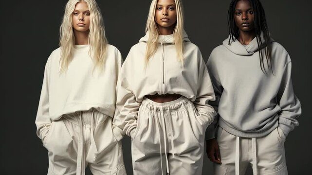 Three stylish modern girls dance and move easily in fashionable sports suits of neutral colors on a dark studio background. Sports fashion.
