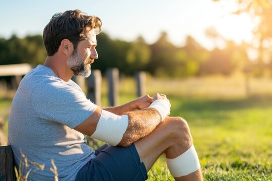 A sports player sitting on the sidelines with a bandaged leg, symbolizing the consequence of pushing too hard without proper preparation