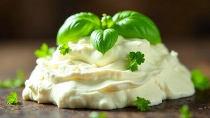 A mound of white cream cheese with a bunch of parsley on top. The parsley is green and fresh, and it adds a nice touch of color and texture to the dish. The cream cheese is smooth and creamy