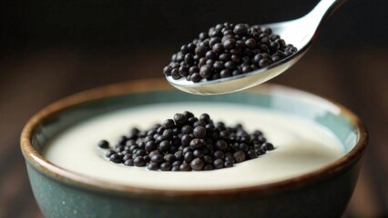 A spoon is scooping up a bowl of food with black beans. The spoon is almost full of beans, and the bowl is almost empty. Concept of abundance and satisfaction, as the spoonful of beans is almost gone