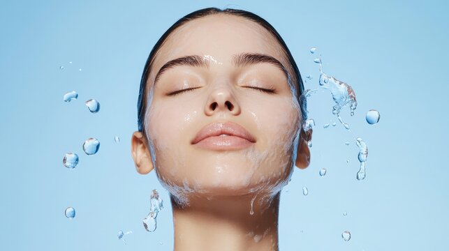 Hydrafacial Treatment Benefits  Close-up of a Woman's Face with Water Droplets, Showcasing Clean, Hydrated, and Radiant Skin After a Facial Treatment