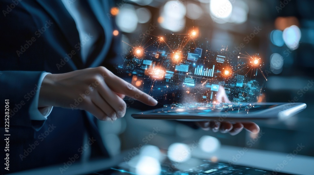 Poster tablet displaying digital financial analytics and business intelligence data with futuristic interfa